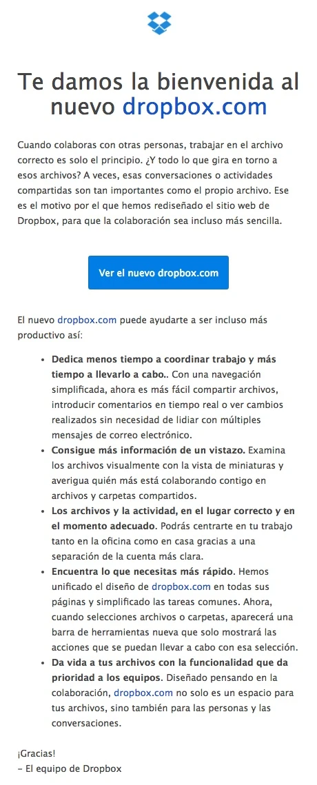 newsletters para incrementar las conversiones: DropBox
