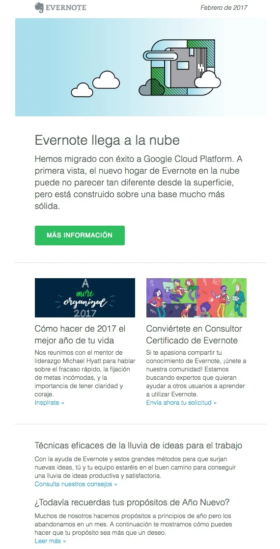 newsletters para incrementar las conversiones: Evernote